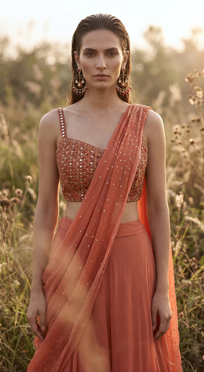 Rust Chinon Embroidered Draped Sharara