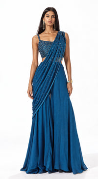 TEAL CHINON EMBROIDERED SAREE - BRO-715-TEAL - image 1