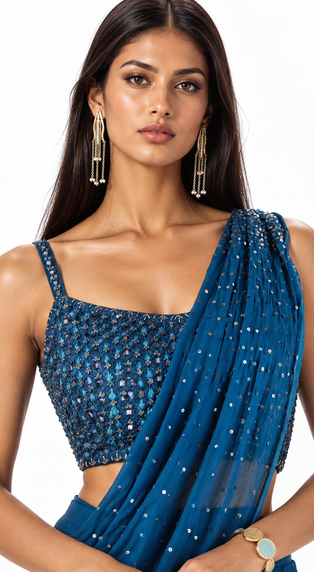 TEAL CHINON EMBROIDERED SAREE - BRO-715-TEAL - image 2