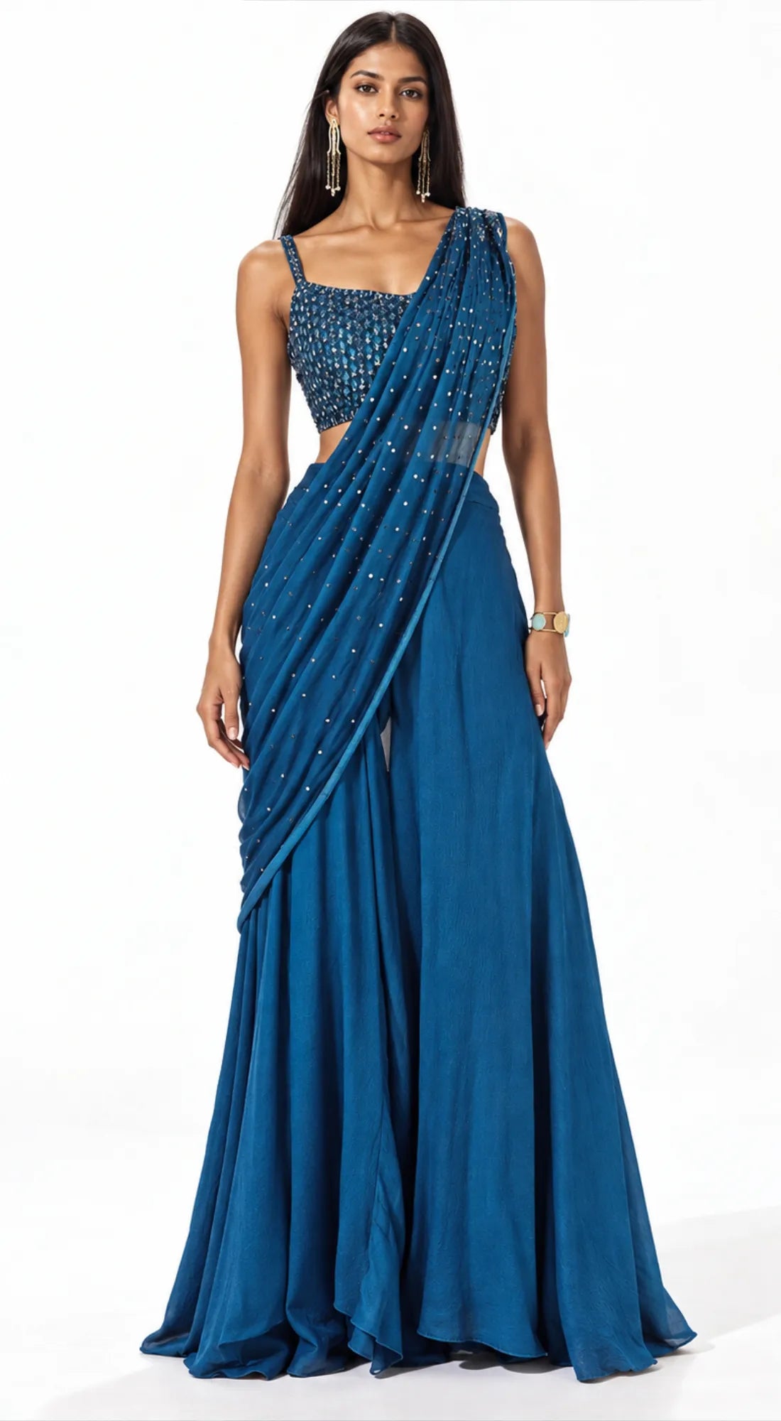 TEAL CHINON EMBROIDERED SAREE - BRO-715-TEAL - image 1