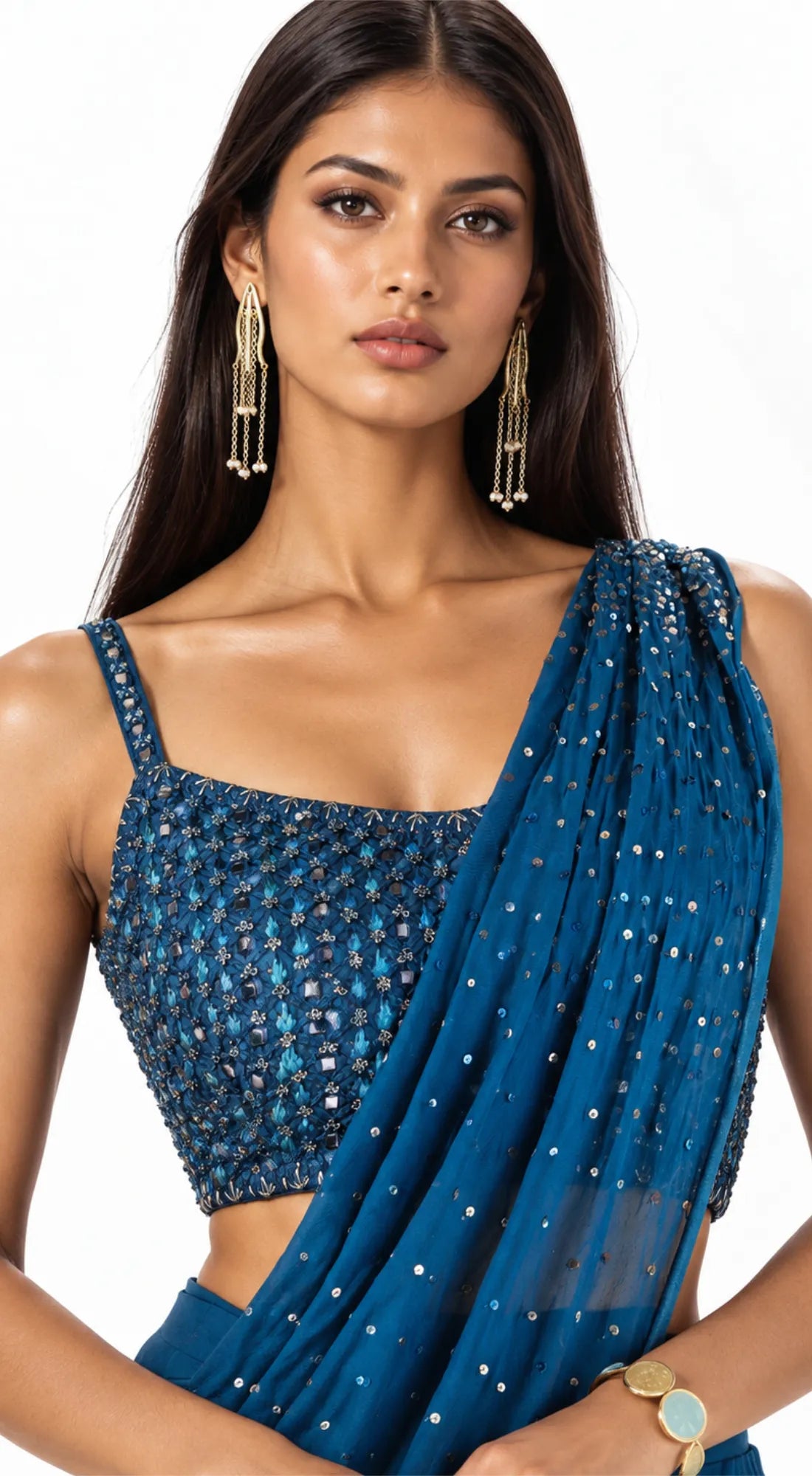 TEAL CHINON EMBROIDERED SAREE - BRO-715-TEAL - image 2