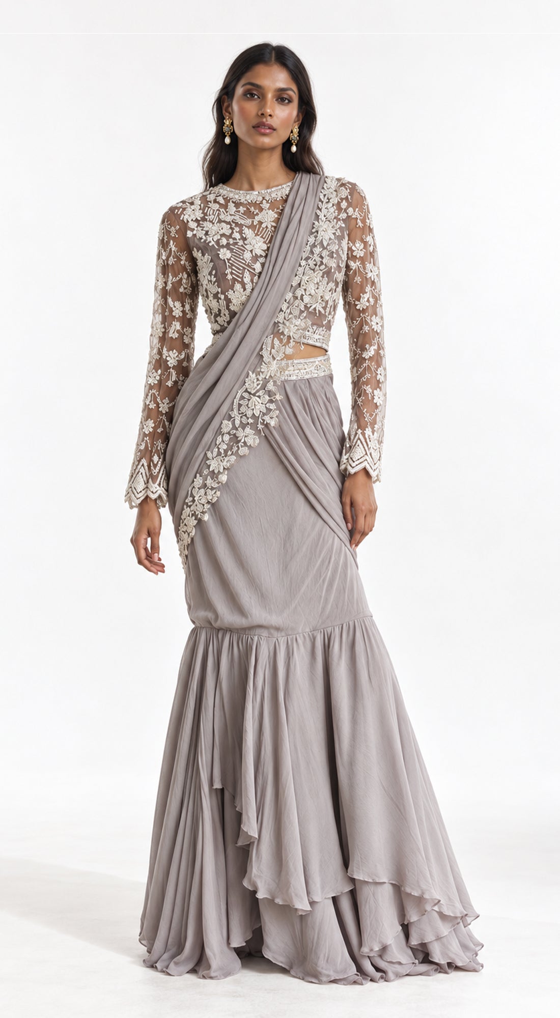 GREY EMBROIDERED DRAPED RUFFLE SAREE - BRO-771-GREY - image 1