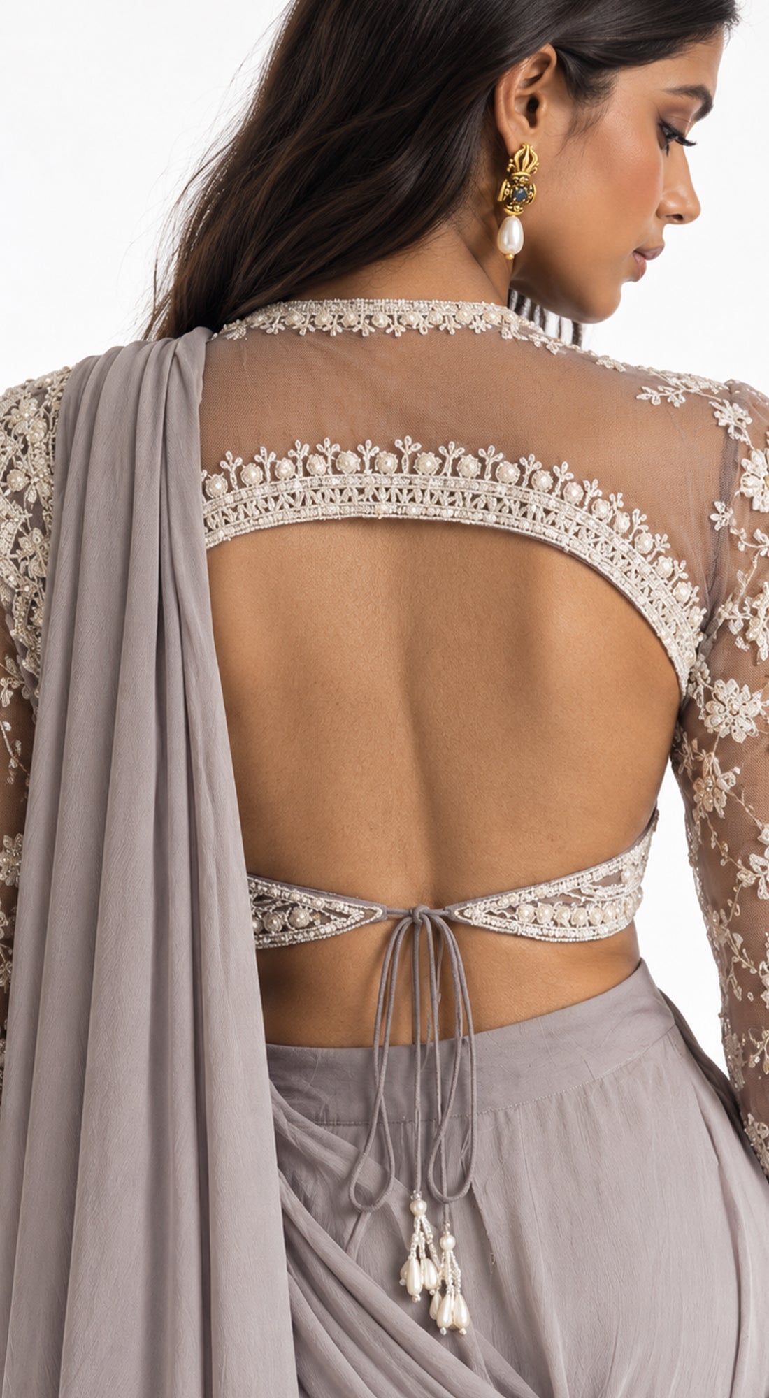 GREY EMBROIDERED DRAPED RUFFLE SAREE - BRO-771-GREY - image 3