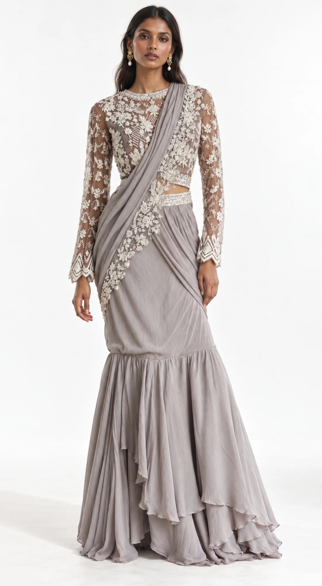 GREY EMBROIDERED DRAPED RUFFLE SAREE - BRO-771-GREY - image 1
