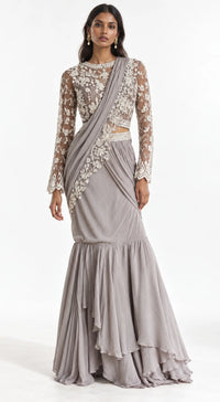 GREY EMBROIDERED DRAPED RUFFLE SAREE - BRO-771-GREY - image 1