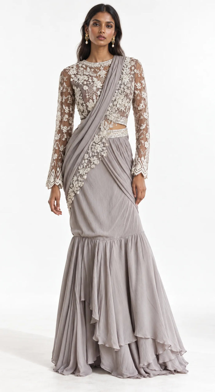 GREY EMBROIDERED DRAPED RUFFLE SAREE - BRO-771-GREY - image 1