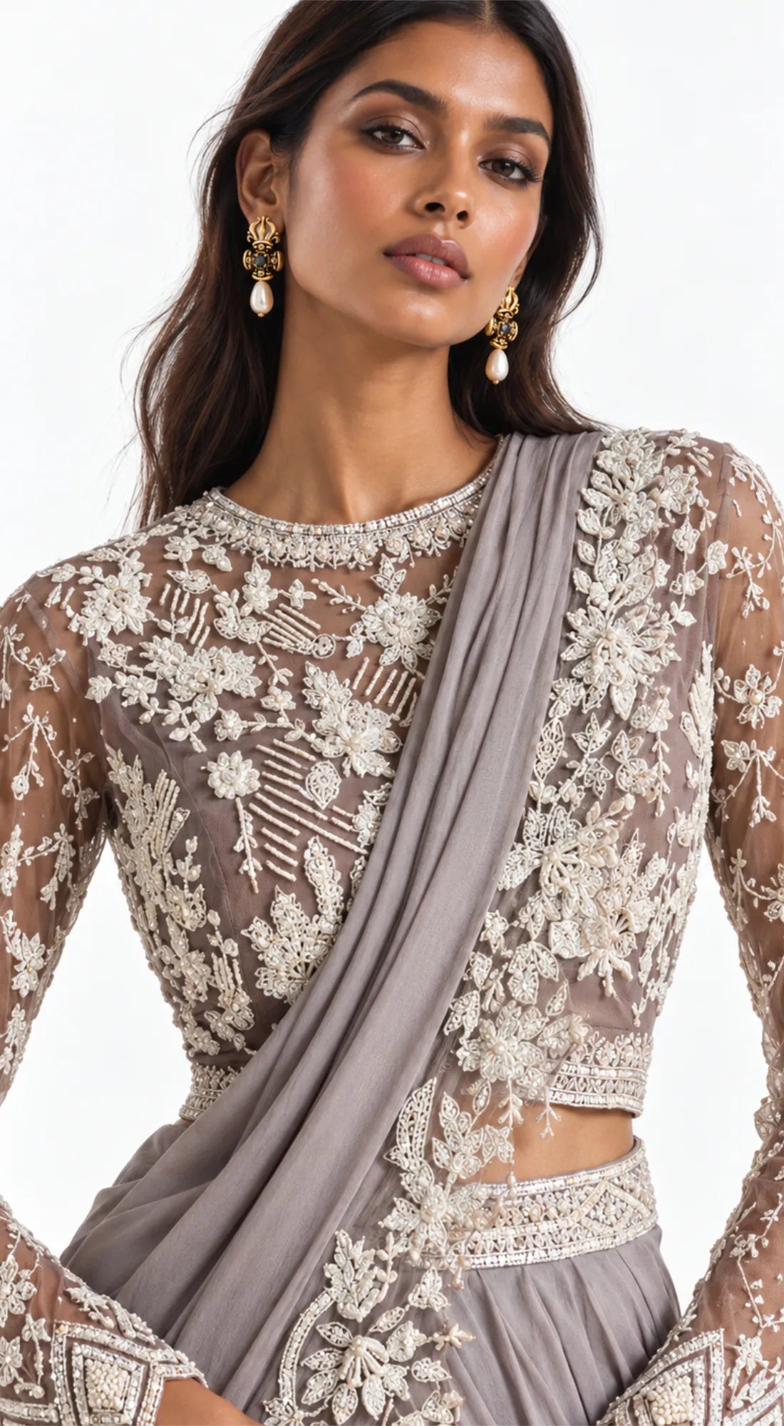 GREY EMBROIDERED DRAPED RUFFLE SAREE - BRO-771-GREY - image 2