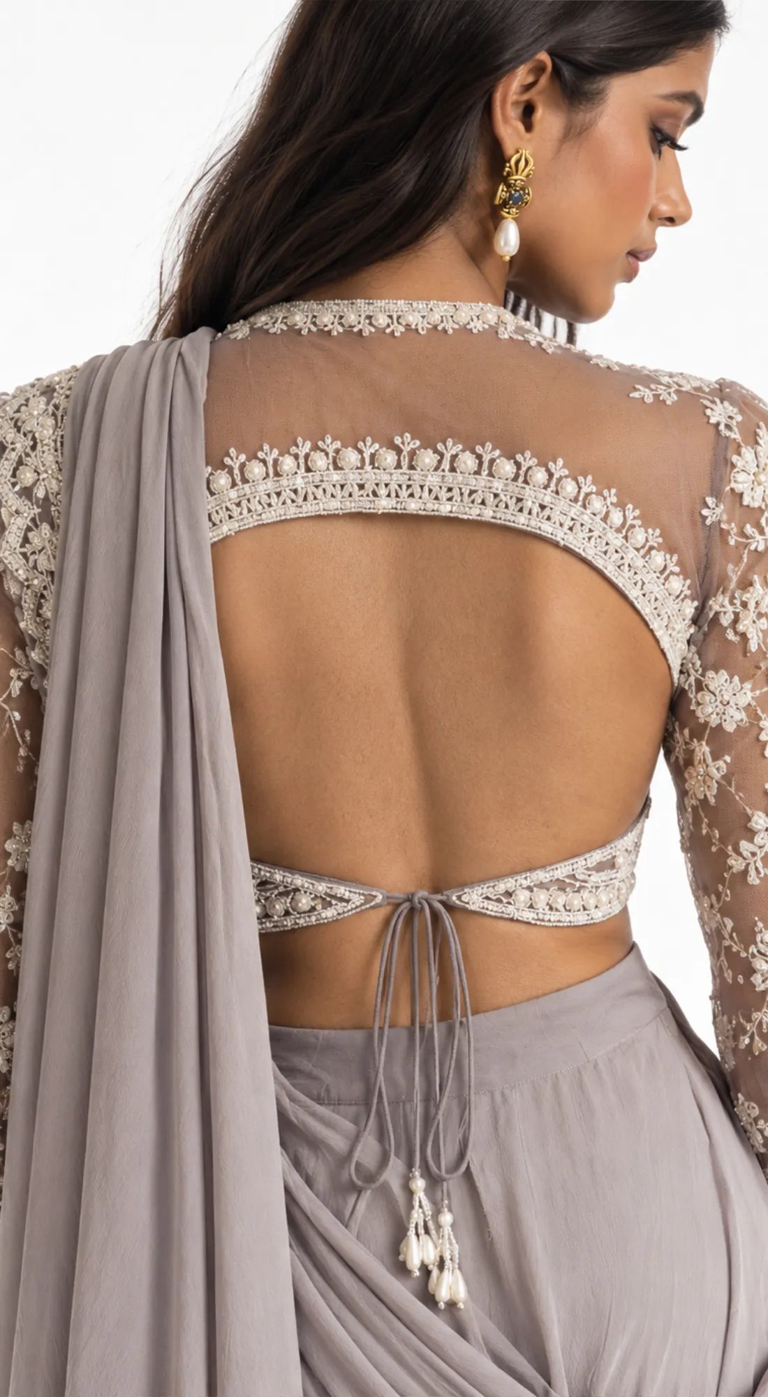 GREY EMBROIDERED DRAPED RUFFLE SAREE - BRO-771-GREY - image 3
