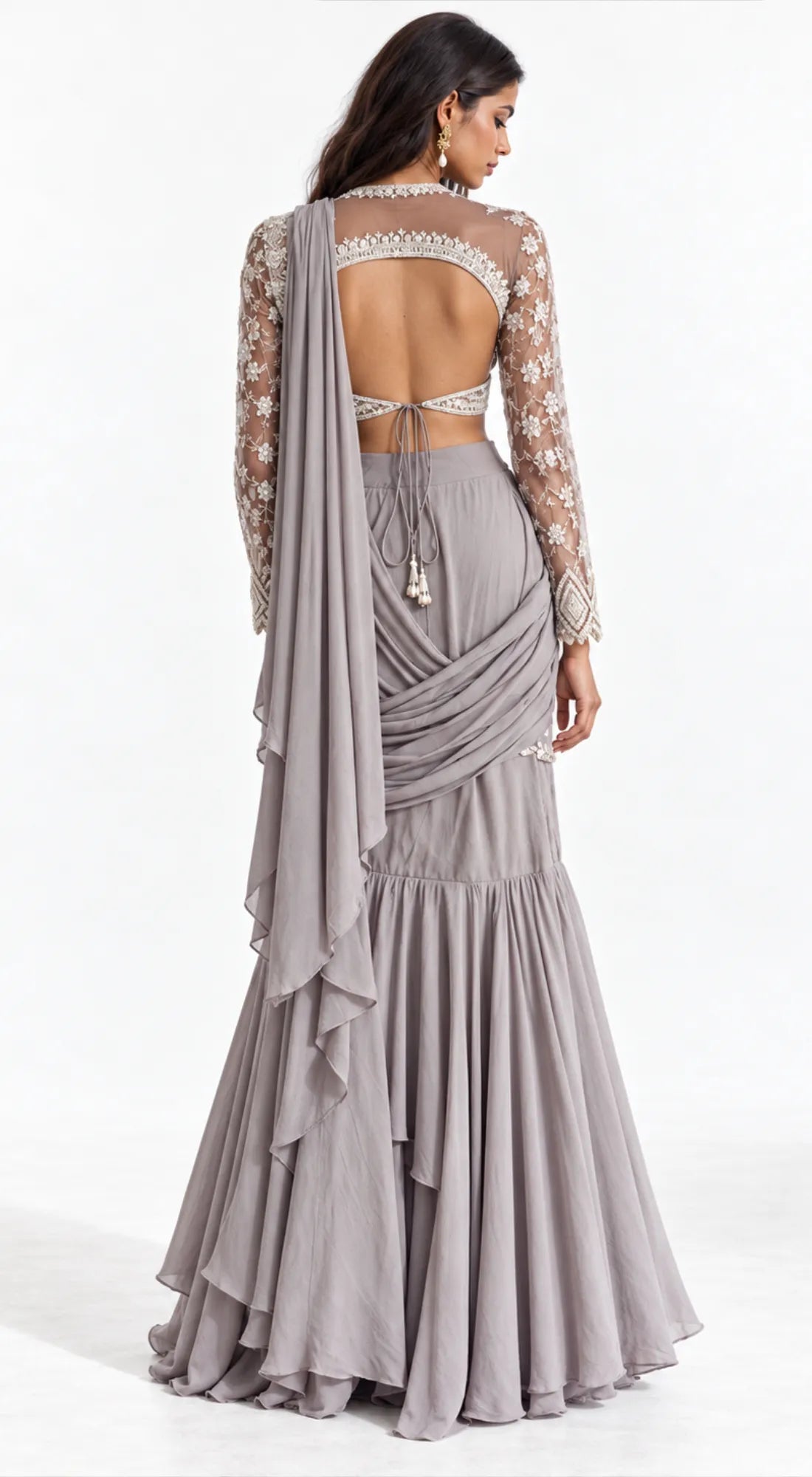 GREY EMBROIDERED DRAPED RUFFLE SAREE - BRO-771-GREY - image 4