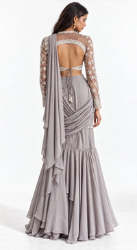GREY EMBROIDERED DRAPED RUFFLE SAREE - BRO-771-GREY - image 4