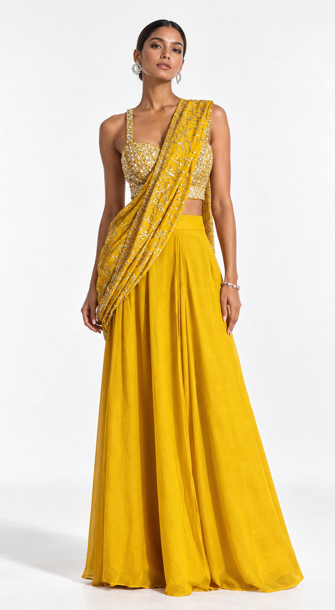 MUSTARD EMBROIDERED LEHENGA SAREE - BRO-782-MUSTARD - image 1