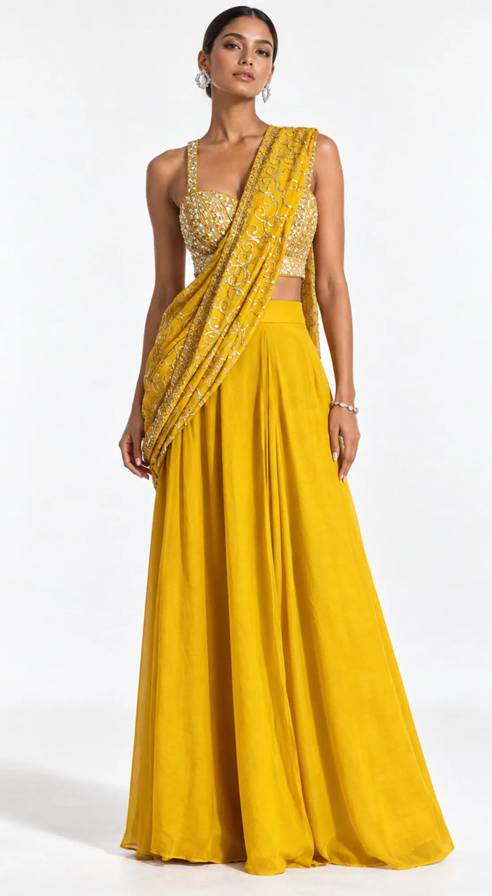 MUSTARD EMBROIDERED LEHENGA SAREE - BRO-782-MUSTARD - image 1
