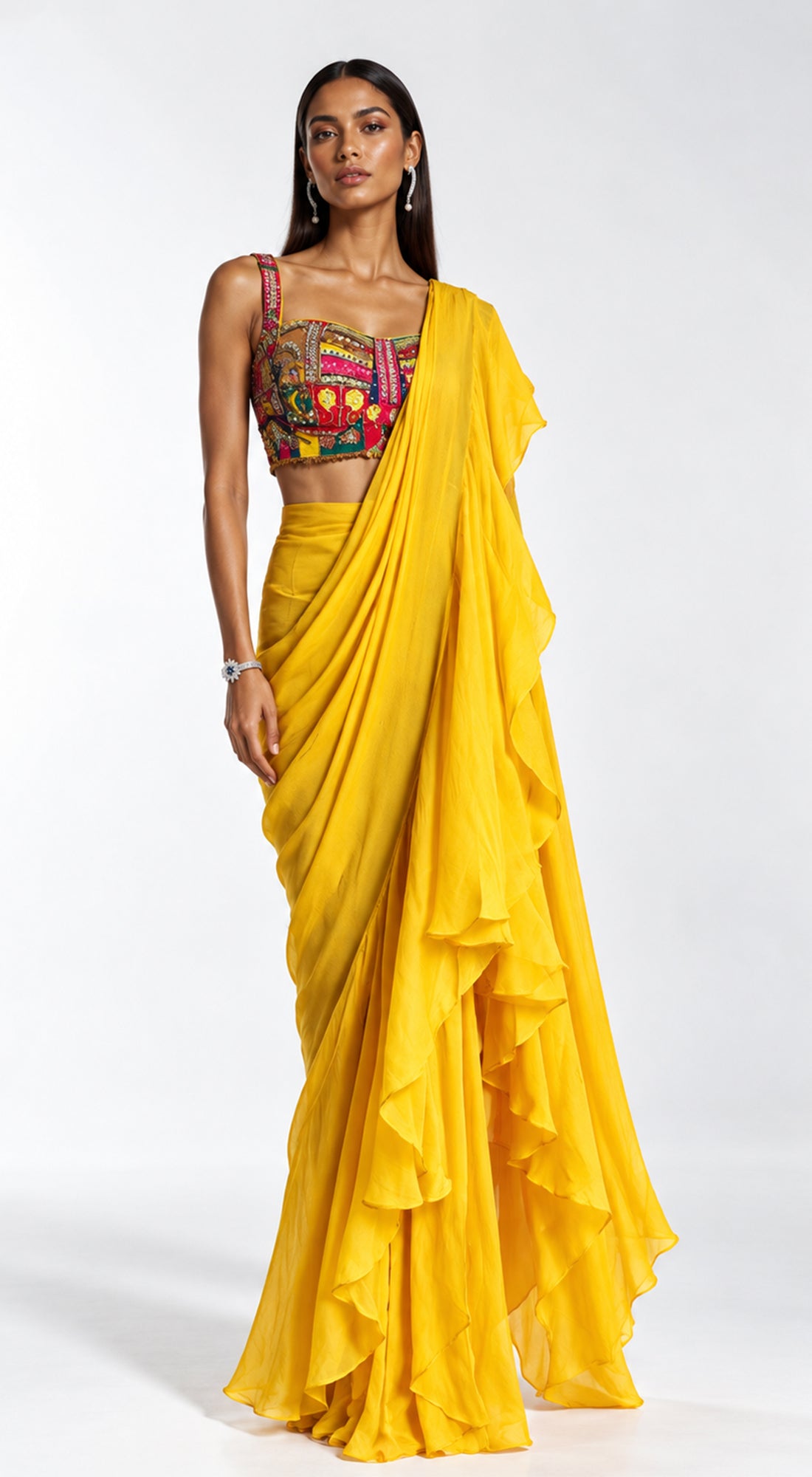 YELLOW EMBROIDERED DRAPED RUFFLE SAREE - BRO-882-MUSTARD - image 1