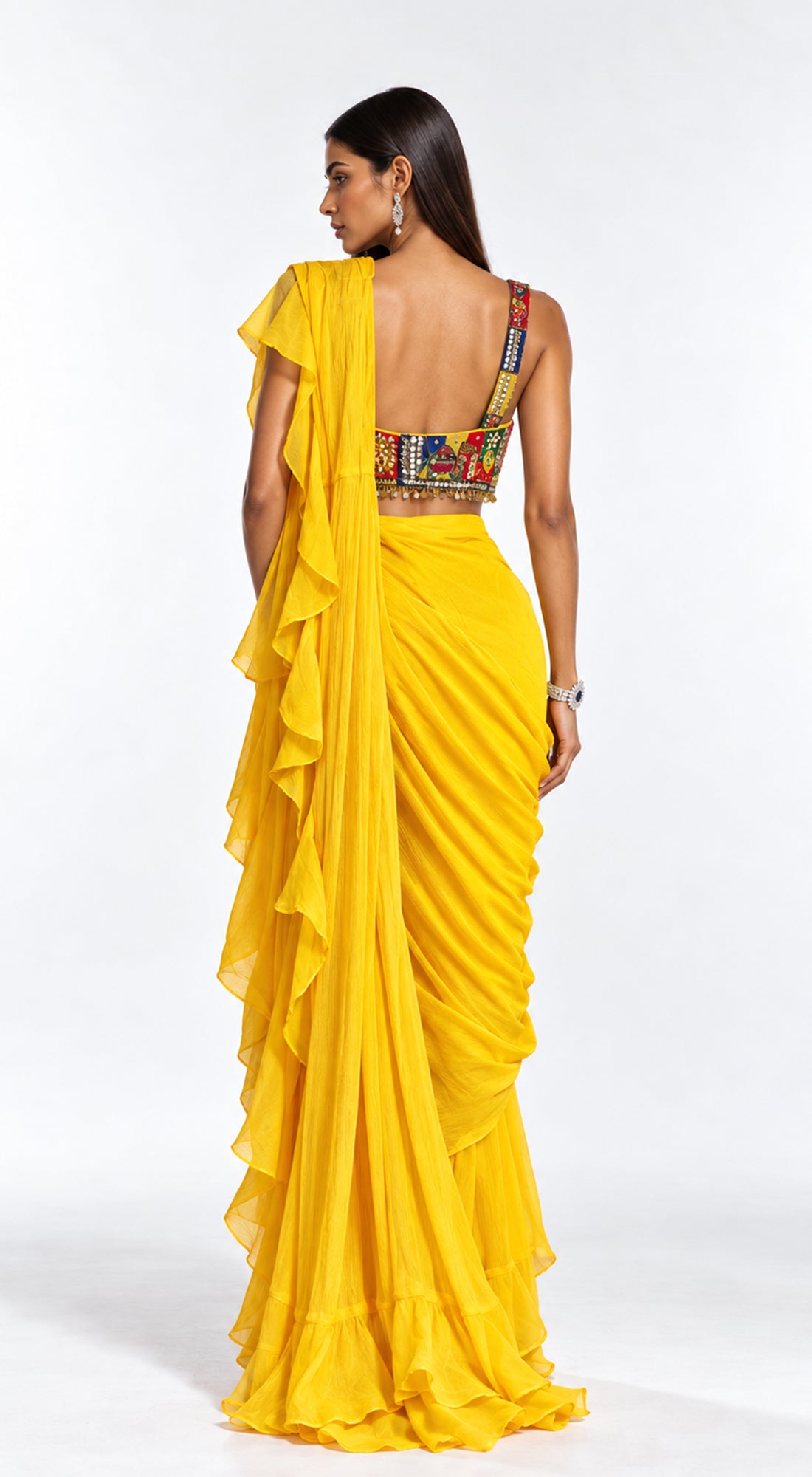 YELLOW EMBROIDERED DRAPED RUFFLE SAREE - BRO-882-MUSTARD - image 4