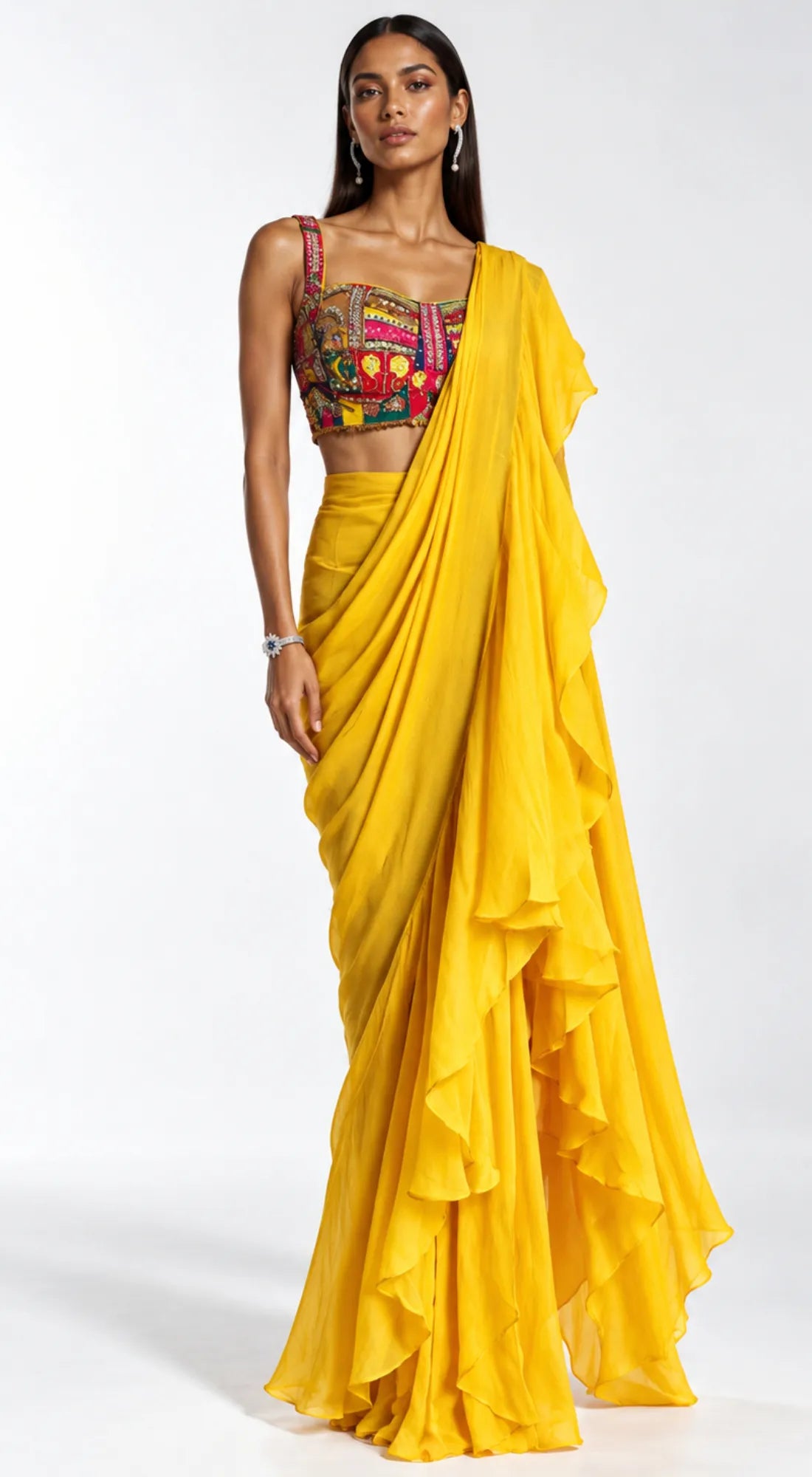 YELLOW EMBROIDERED DRAPED RUFFLE SAREE - BRO-882-MUSTARD - image 1
