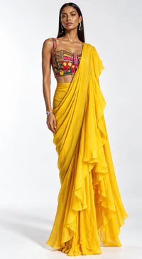 YELLOW EMBROIDERED DRAPED RUFFLE SAREE - BRO-882-MUSTARD - image 1