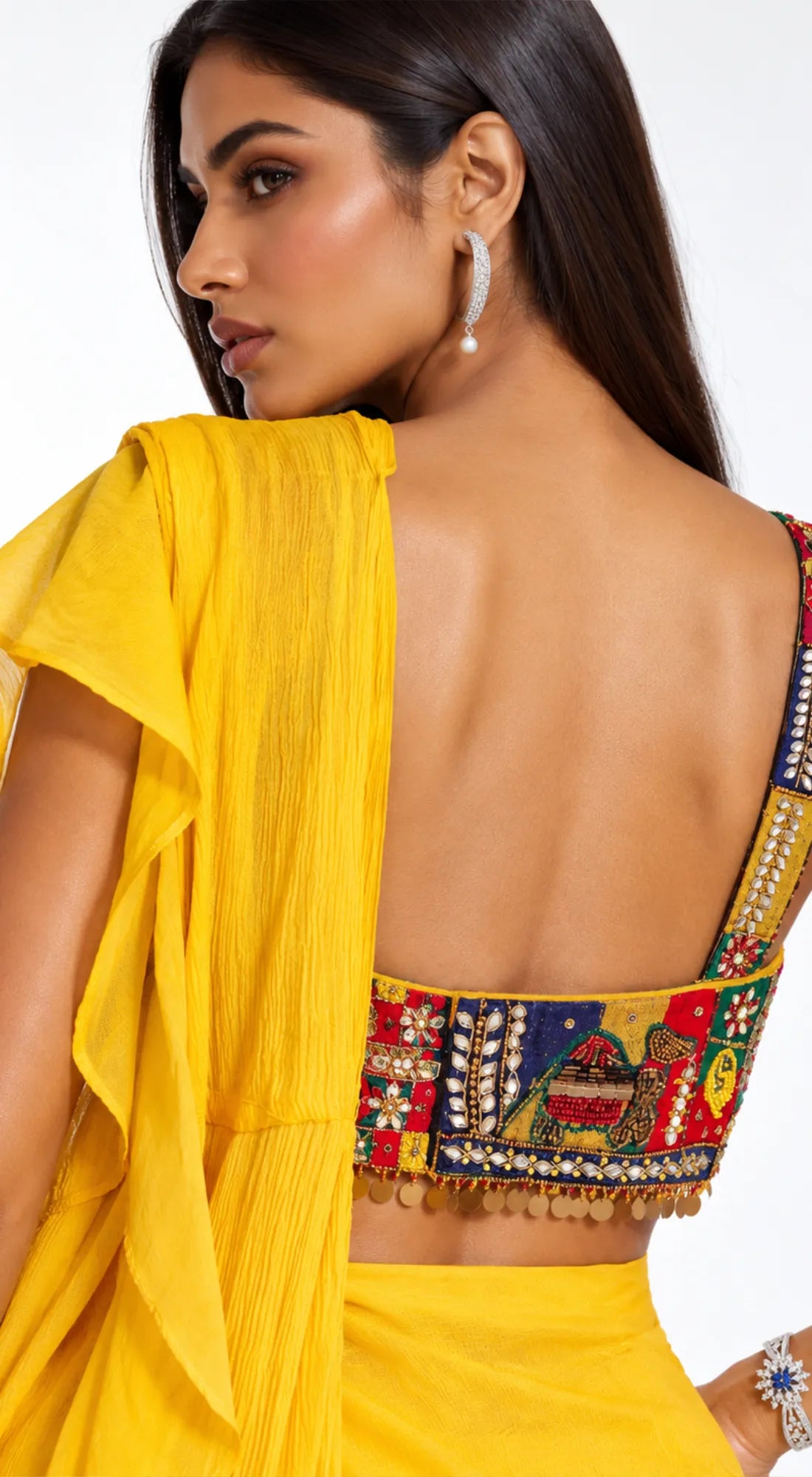 YELLOW EMBROIDERED DRAPED RUFFLE SAREE - BRO-882-MUSTARD - image 3