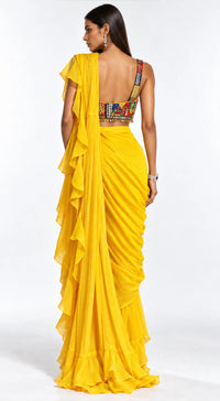 YELLOW EMBROIDERED DRAPED RUFFLE SAREE - BRO-882-MUSTARD - image 4