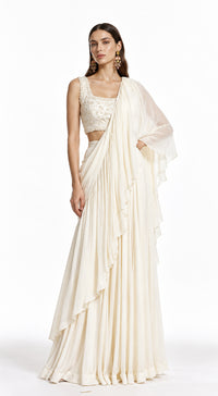 IVORY EMBROIDERED DRAPED RUFFLE SAREE - BRO-883-IVORY - image 1