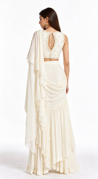 IVORY EMBROIDERED DRAPED RUFFLE SAREE - BRO-883-IVORY - image 4