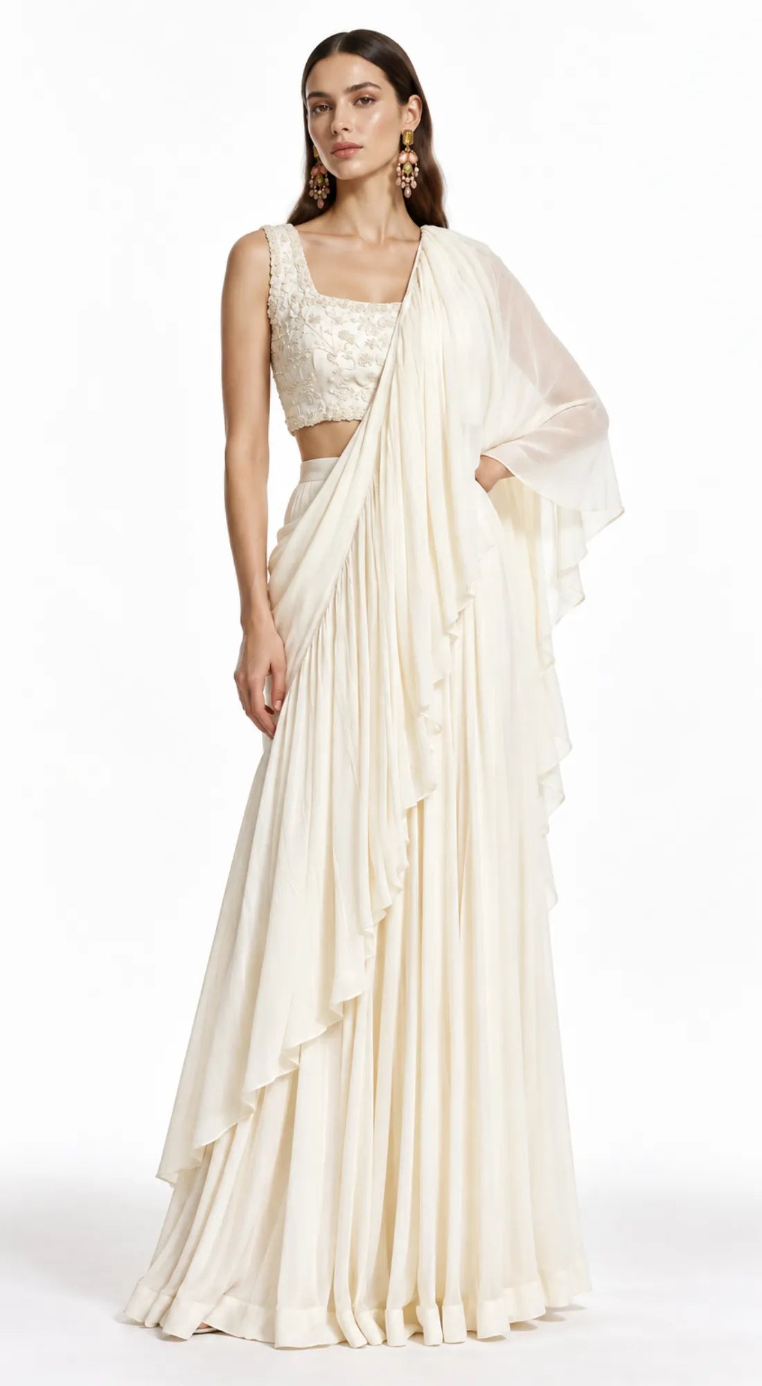 IVORY EMBROIDERED DRAPED RUFFLE SAREE - BRO-883-IVORY - image 1