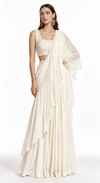 IVORY EMBROIDERED DRAPED RUFFLE SAREE - BRO-883-IVORY - image 1