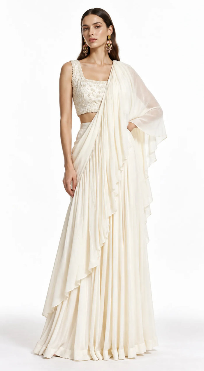 IVORY EMBROIDERED DRAPED RUFFLE SAREE - BRO-883-IVORY - image 1