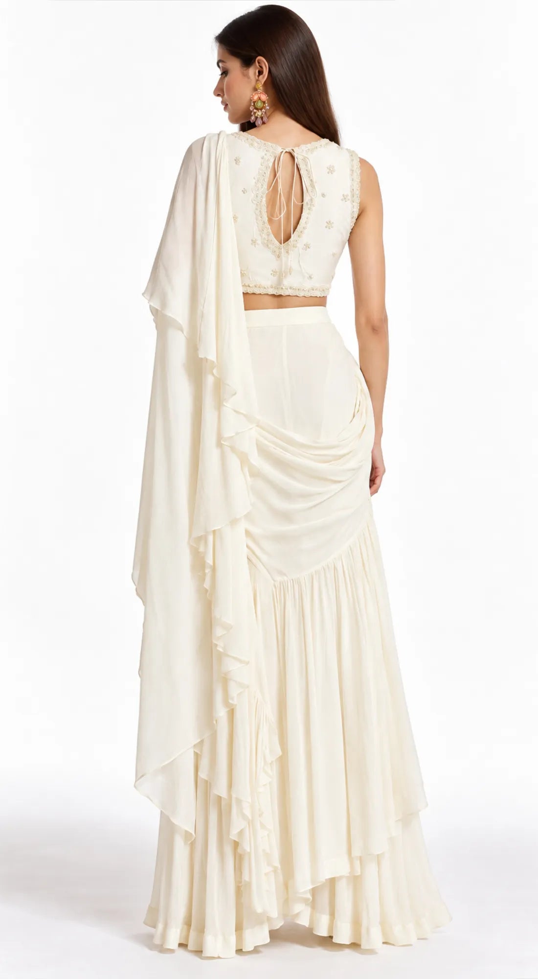 IVORY EMBROIDERED DRAPED RUFFLE SAREE - BRO-883-IVORY - image 4