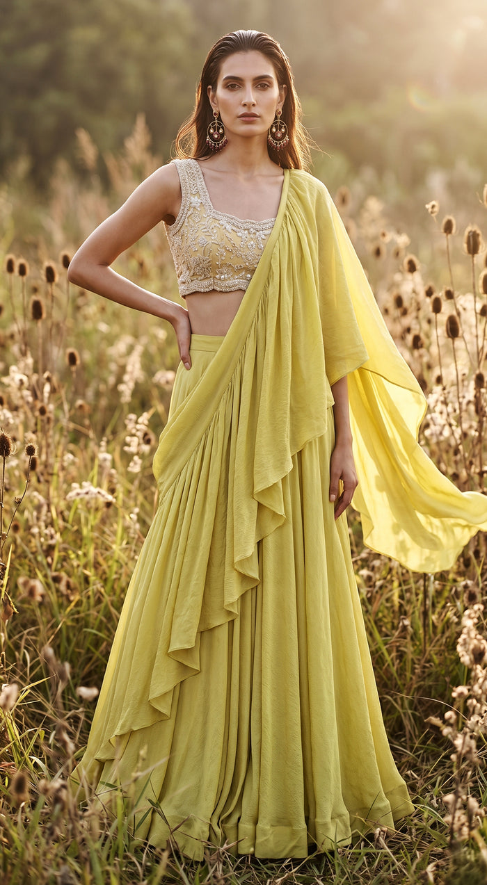 Pista Chinon Embroidered Draped Saree