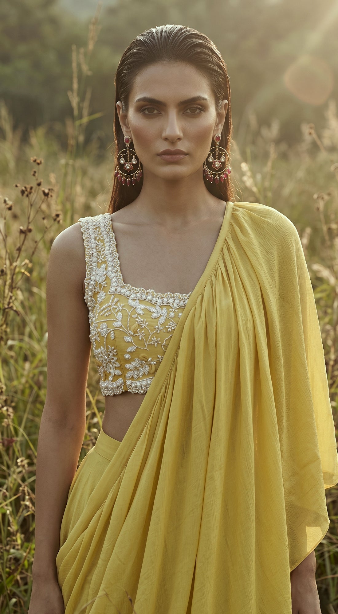Pista Chinon Embroidered Draped Saree