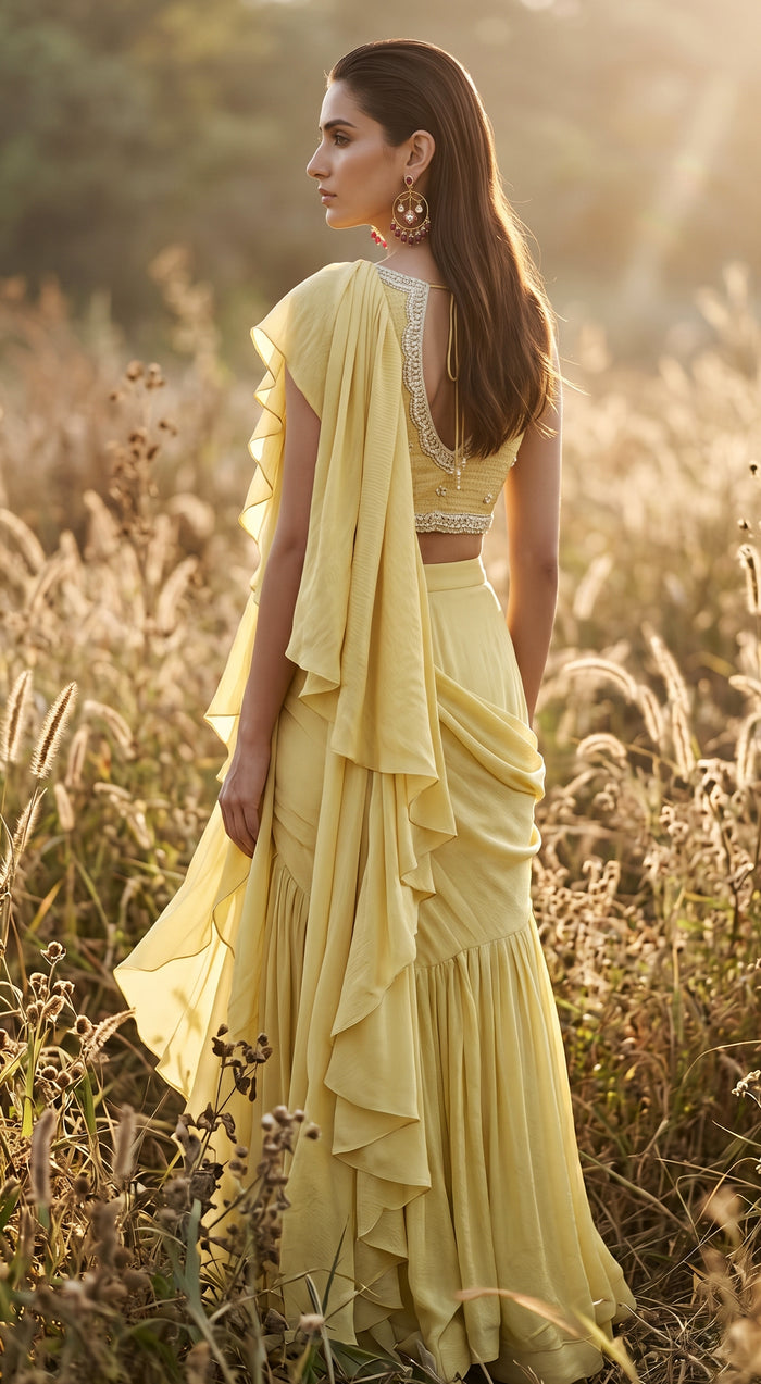 Pista Chinon Embroidered Draped Saree