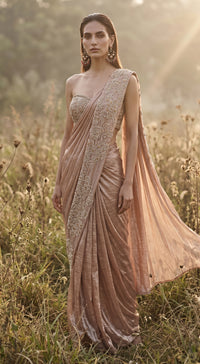 Rose-Gold Glass Tissue Draped Saree