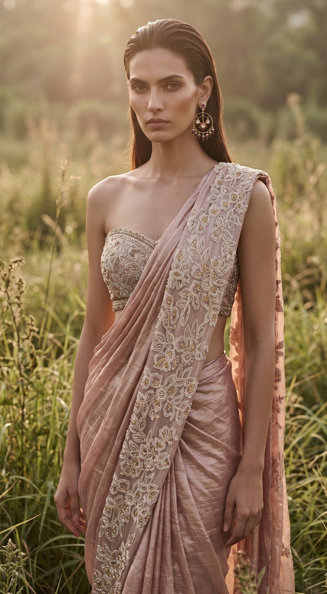 Rose-Gold Glass Tissue Draped Saree