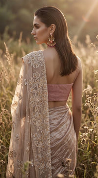 Rose-Gold Glass Tissue Draped Saree