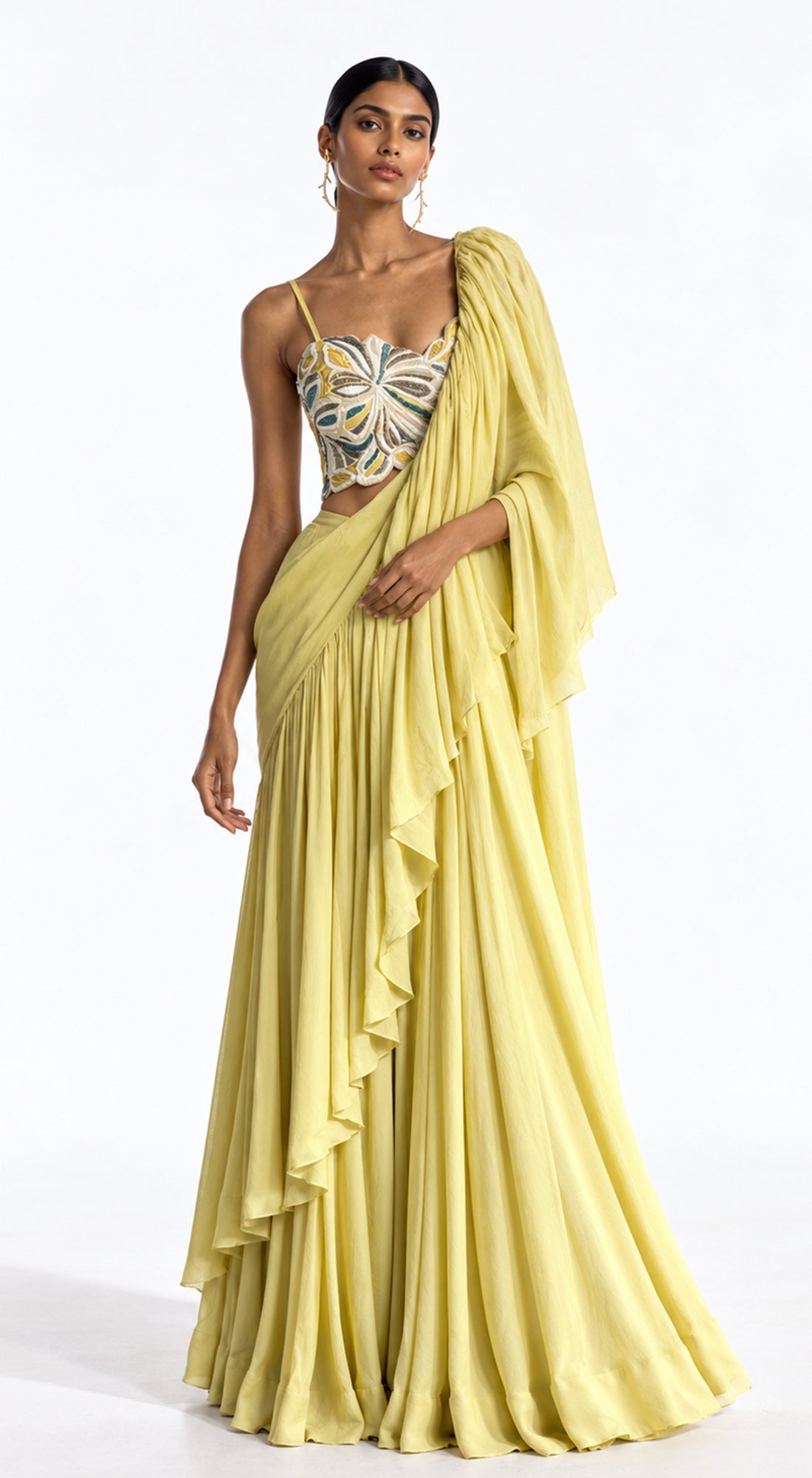 PISTA CHINON EMBROIDERED DRAPED RUFFLE SAREE - BRO-898-PISTA - image 1