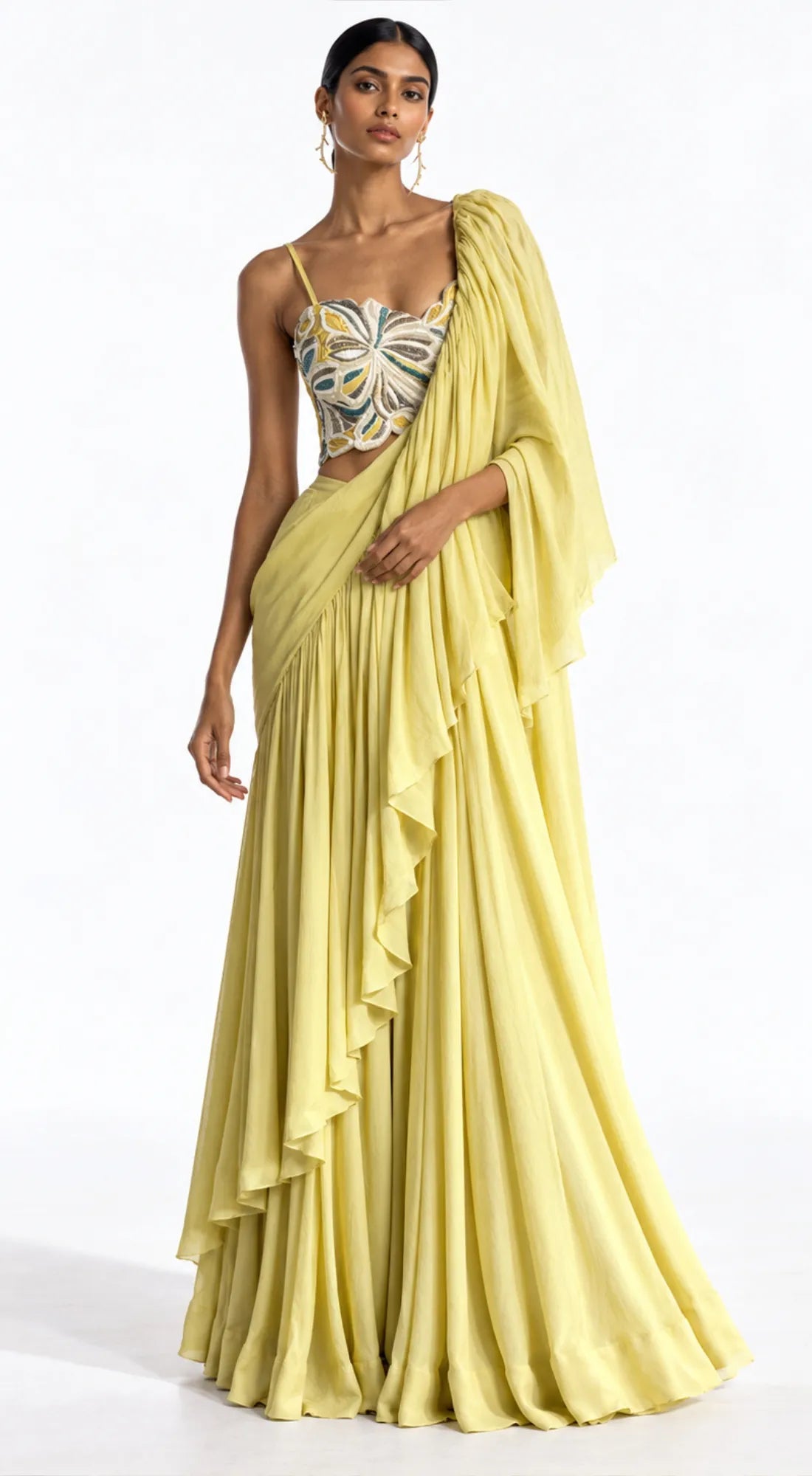 PISTA CHINON EMBROIDERED DRAPED RUFFLE SAREE - BRO-898-PISTA - image 1
