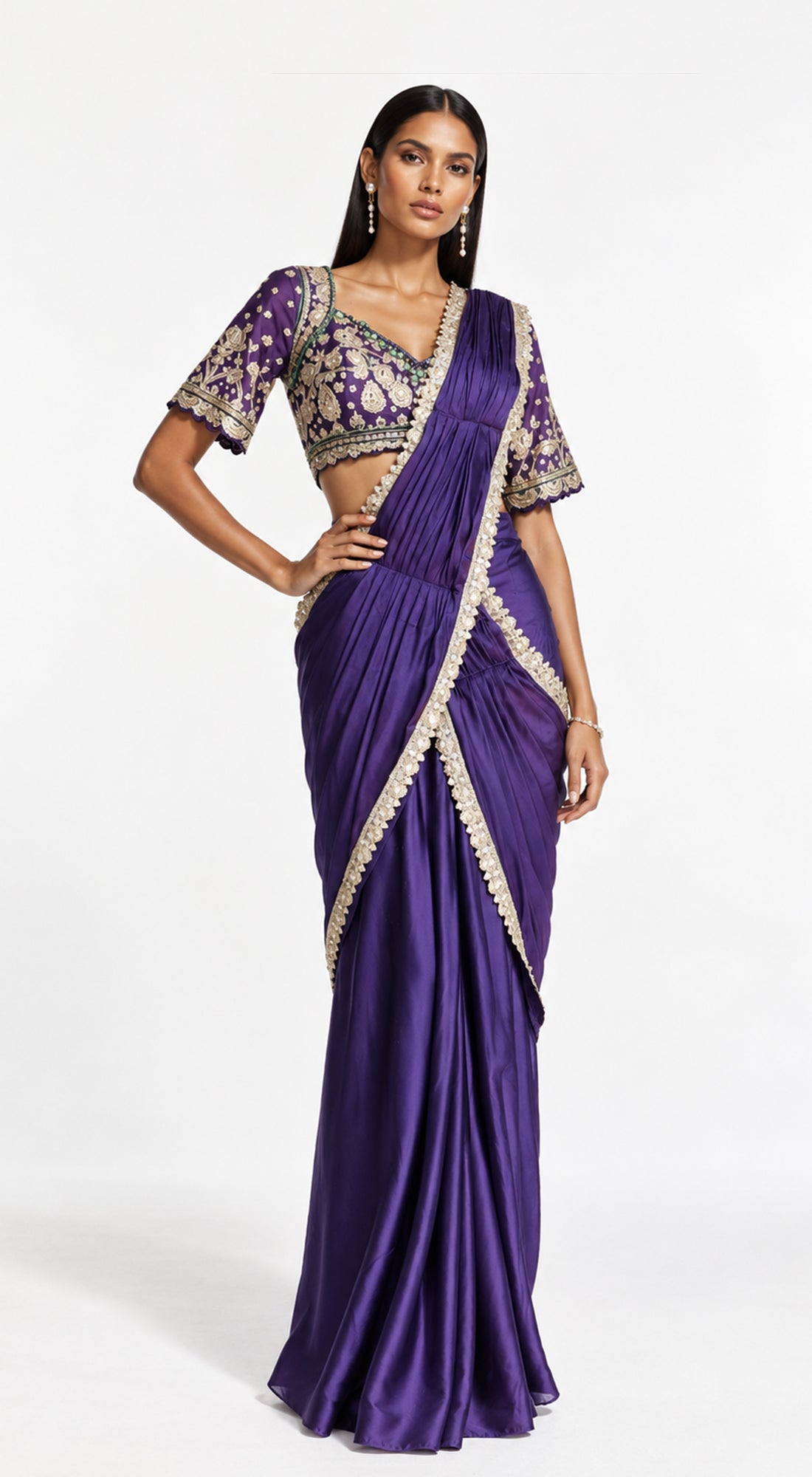 PURPLE SATIN EMBROIDERED DRAPED SAREE - BRO-914-PURPLE - image 1