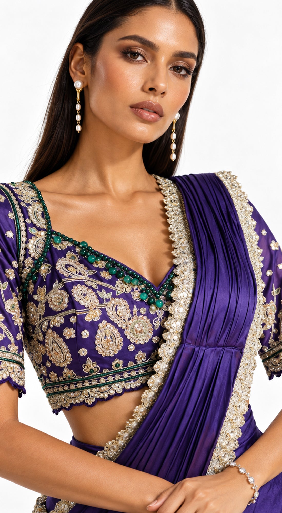 PURPLE SATIN EMBROIDERED DRAPED SAREE - BRO-914-PURPLE - image 2