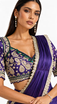 PURPLE SATIN EMBROIDERED DRAPED SAREE - BRO-914-PURPLE - image 2