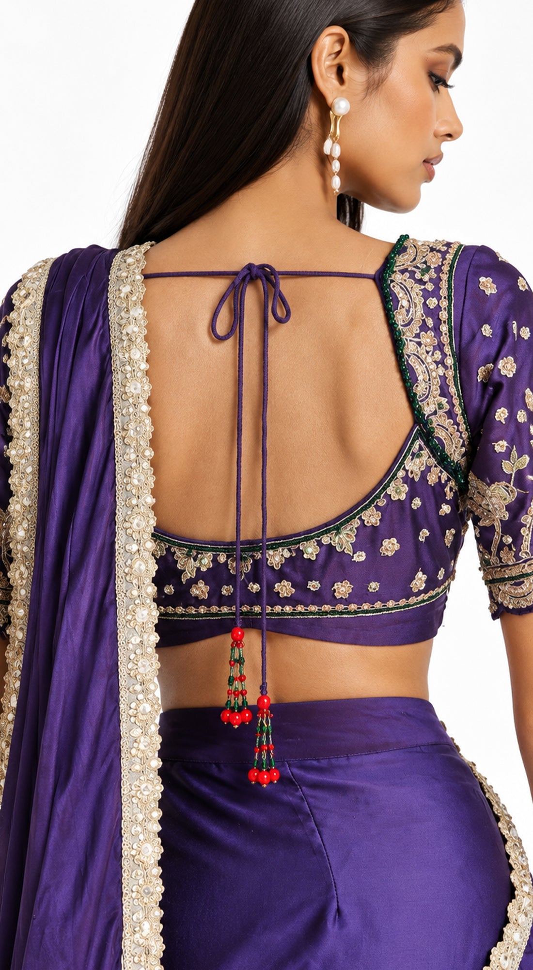 PURPLE SATIN EMBROIDERED DRAPED SAREE - BRO-914-PURPLE - image 3