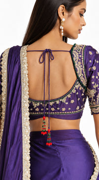 PURPLE SATIN EMBROIDERED DRAPED SAREE - BRO-914-PURPLE - image 3