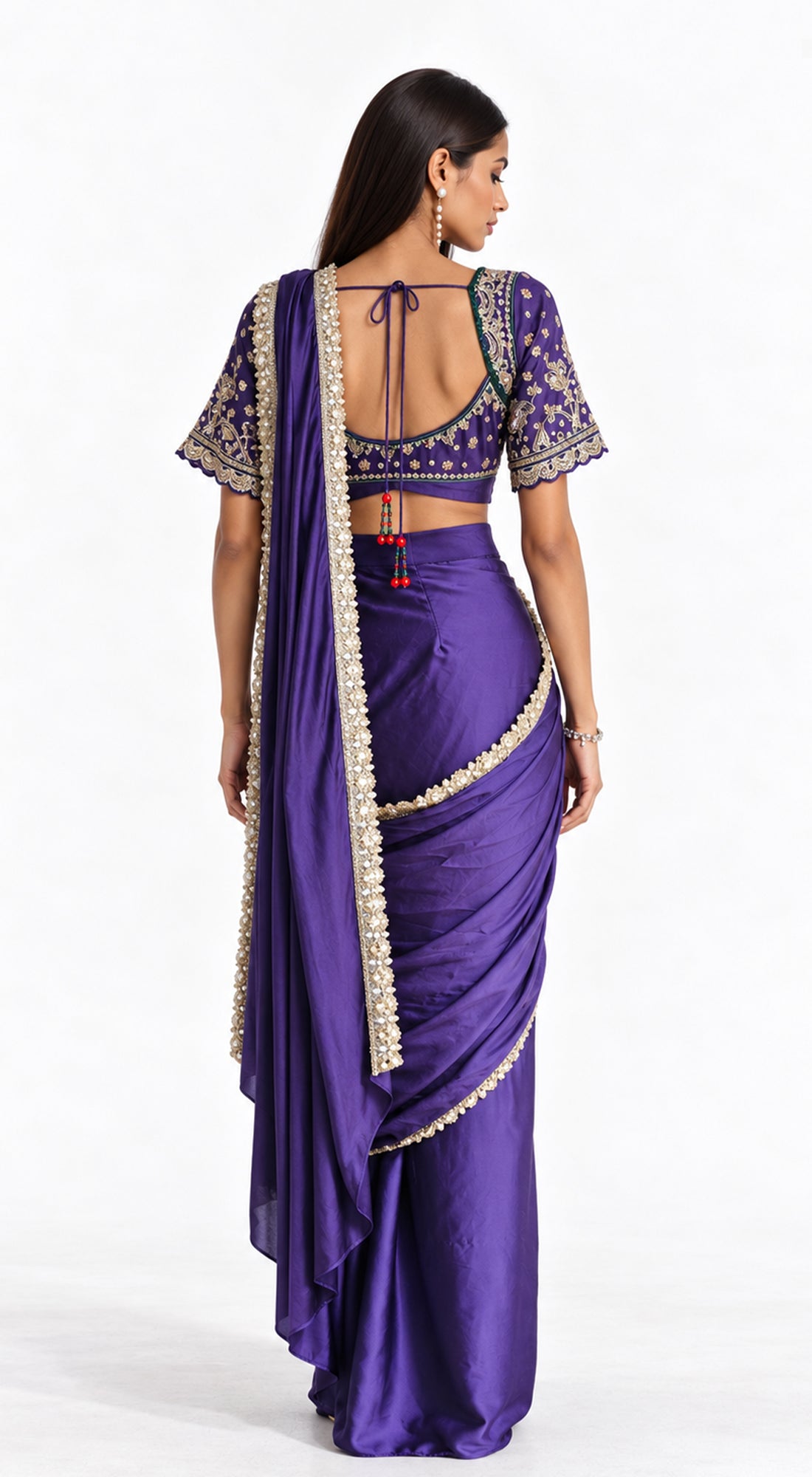 PURPLE SATIN EMBROIDERED DRAPED SAREE - BRO-914-PURPLE - image 4