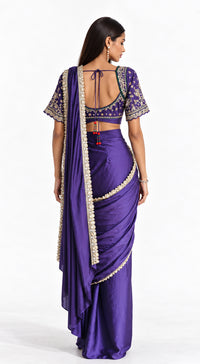 PURPLE SATIN EMBROIDERED DRAPED SAREE - BRO-914-PURPLE - image 4