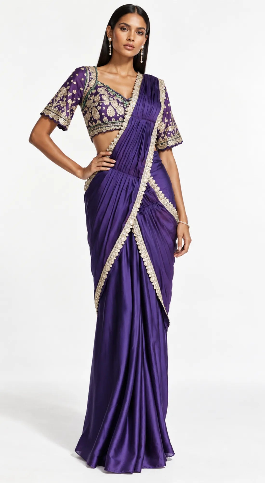 PURPLE SATIN EMBROIDERED DRAPED SAREE - BRO-914-PURPLE - image 1
