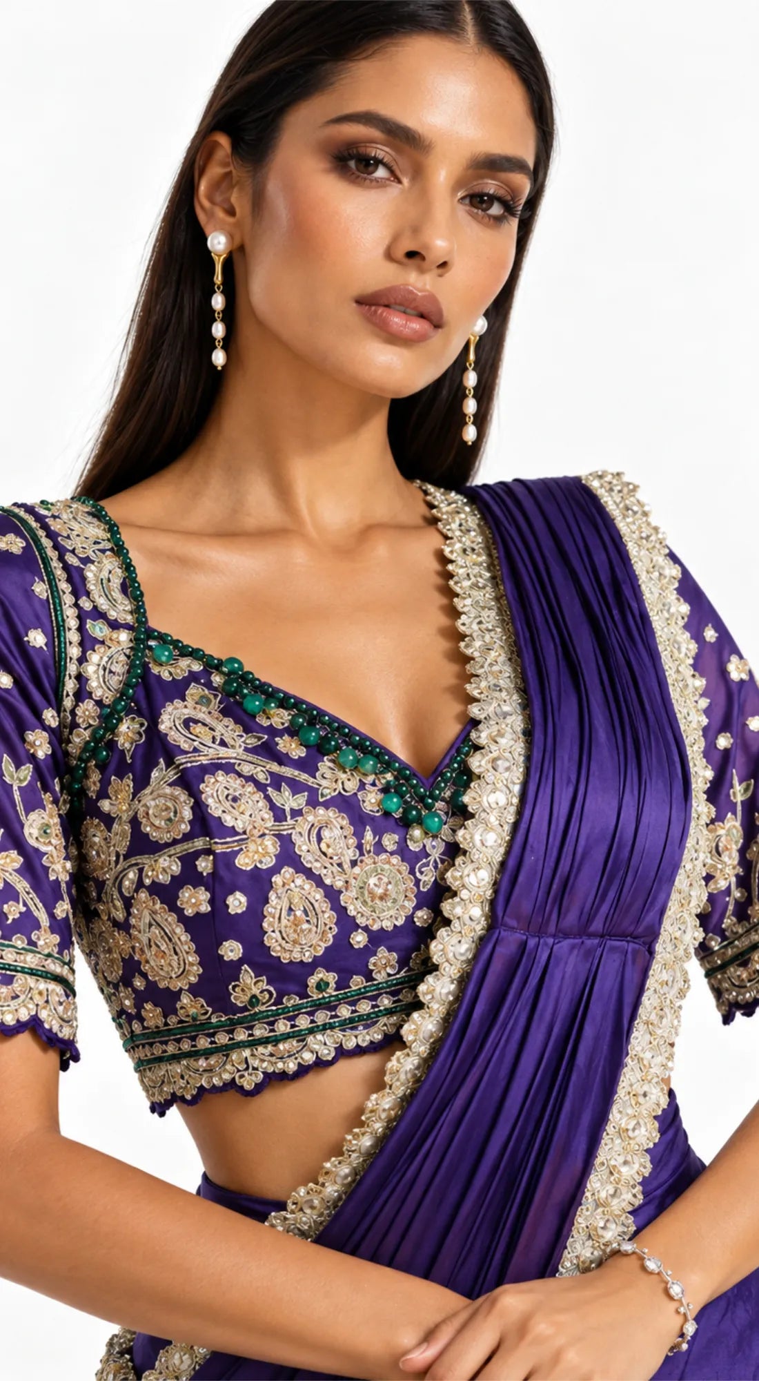 PURPLE SATIN EMBROIDERED DRAPED SAREE - BRO-914-PURPLE - image 2