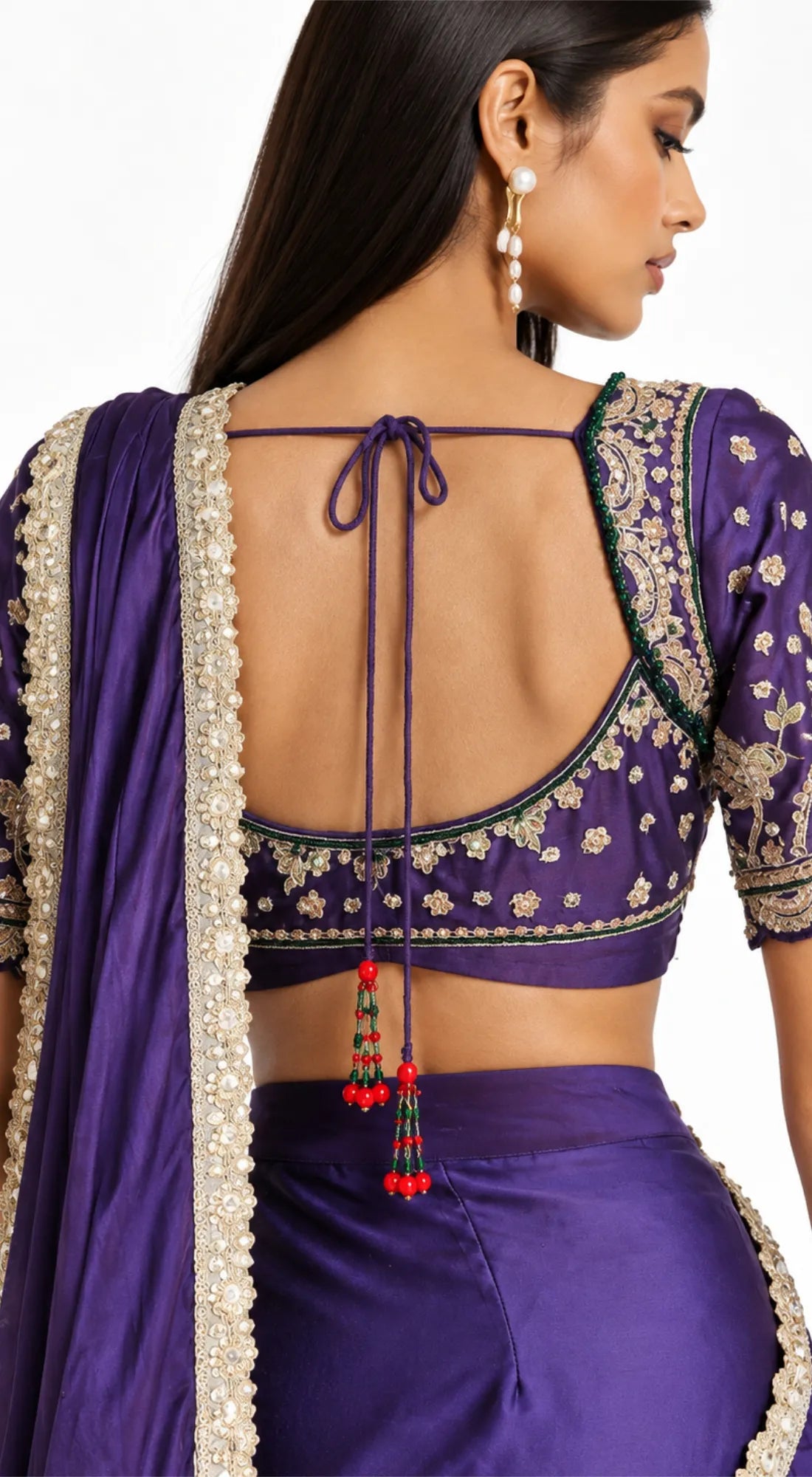 PURPLE SATIN EMBROIDERED DRAPED SAREE - BRO-914-PURPLE - image 3