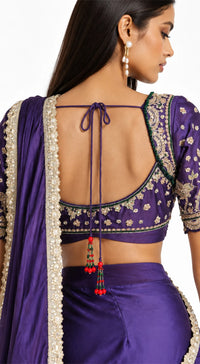 PURPLE SATIN EMBROIDERED DRAPED SAREE - BRO-914-PURPLE - image 3