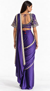 PURPLE SATIN EMBROIDERED DRAPED SAREE - BRO-914-PURPLE - image 4