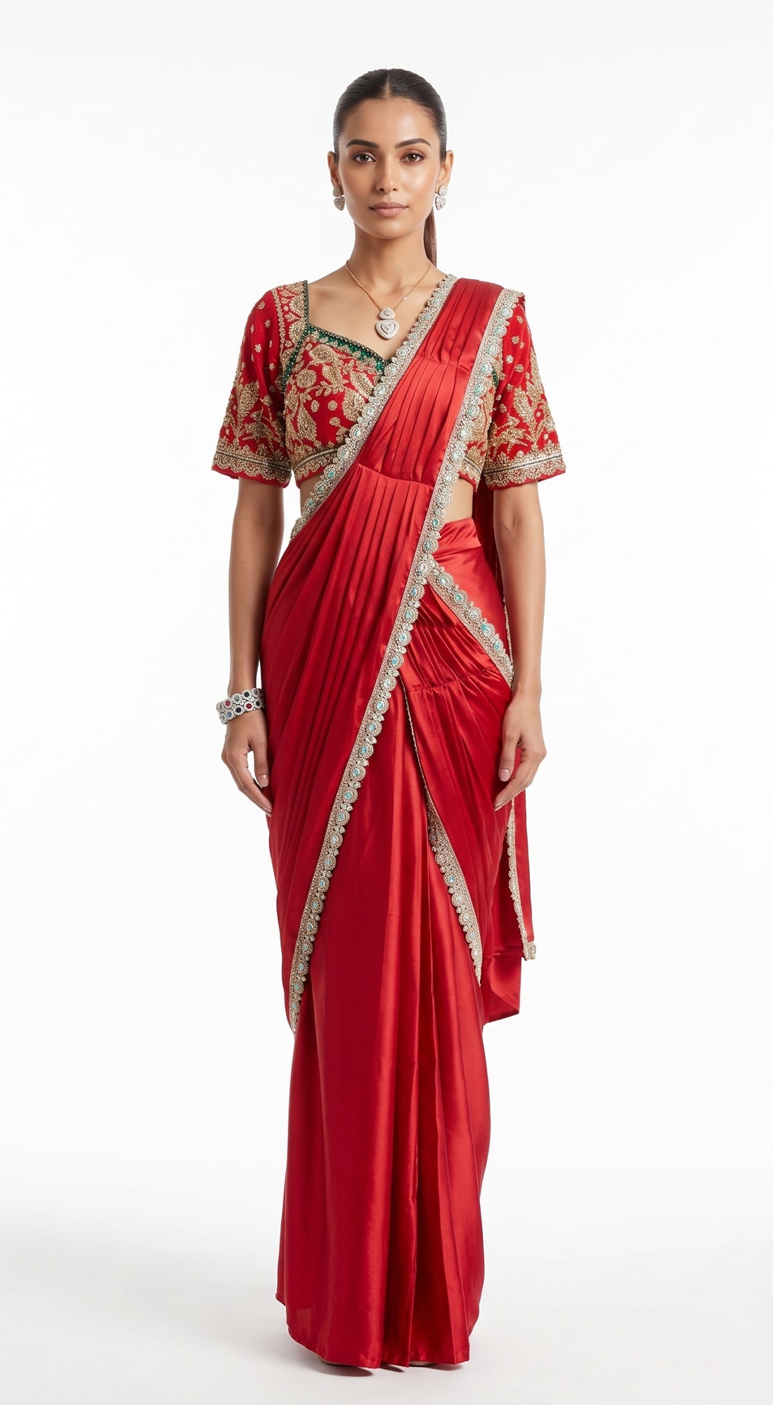 RED SATIN EMBROIDERED DRAPED SAREE - BRO-914-RED - image 1