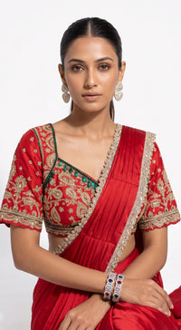 RED SATIN EMBROIDERED DRAPED SAREE - BRO-914-RED - image 2